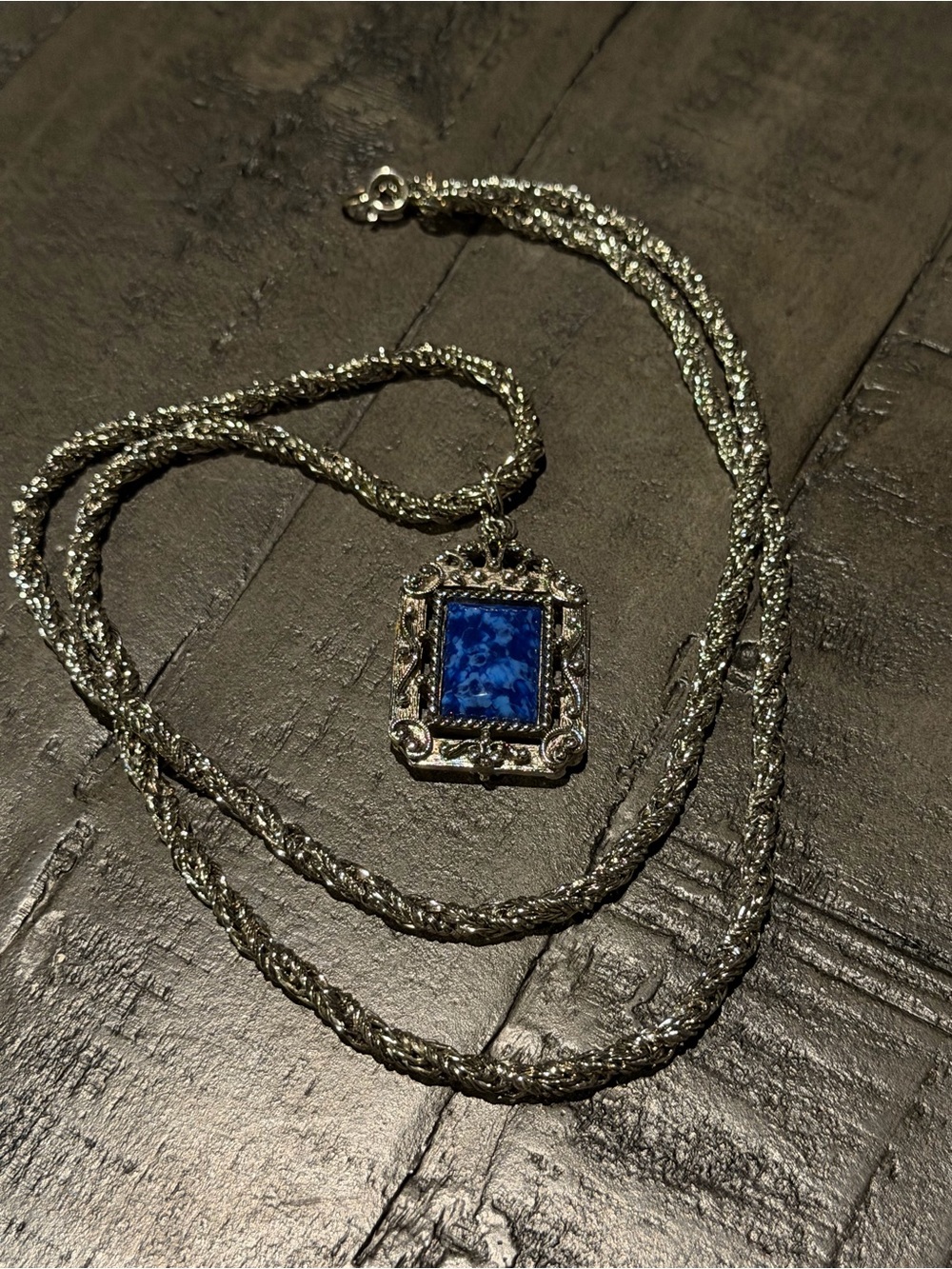 Silver-Tone Vintage Necklace with Reversible Blue Stone/Cross Pendant